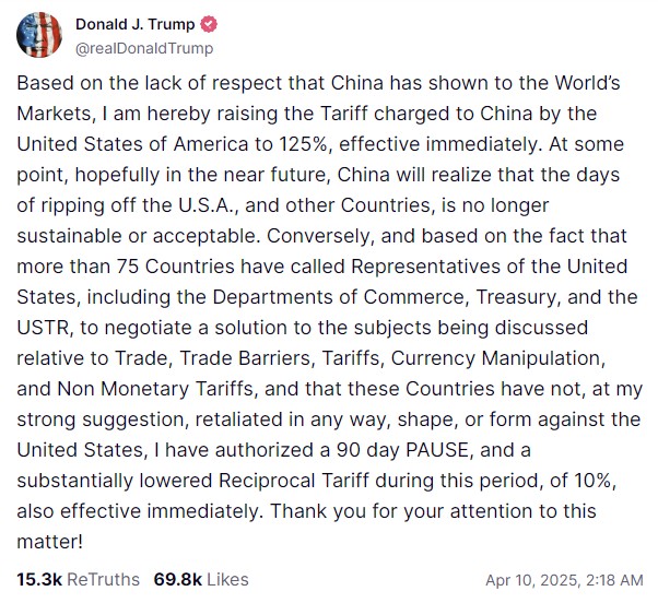 관세 정책의 변화를 발표한 트럼프 대통령(사진 - 트럼프의 SNS 캡처)